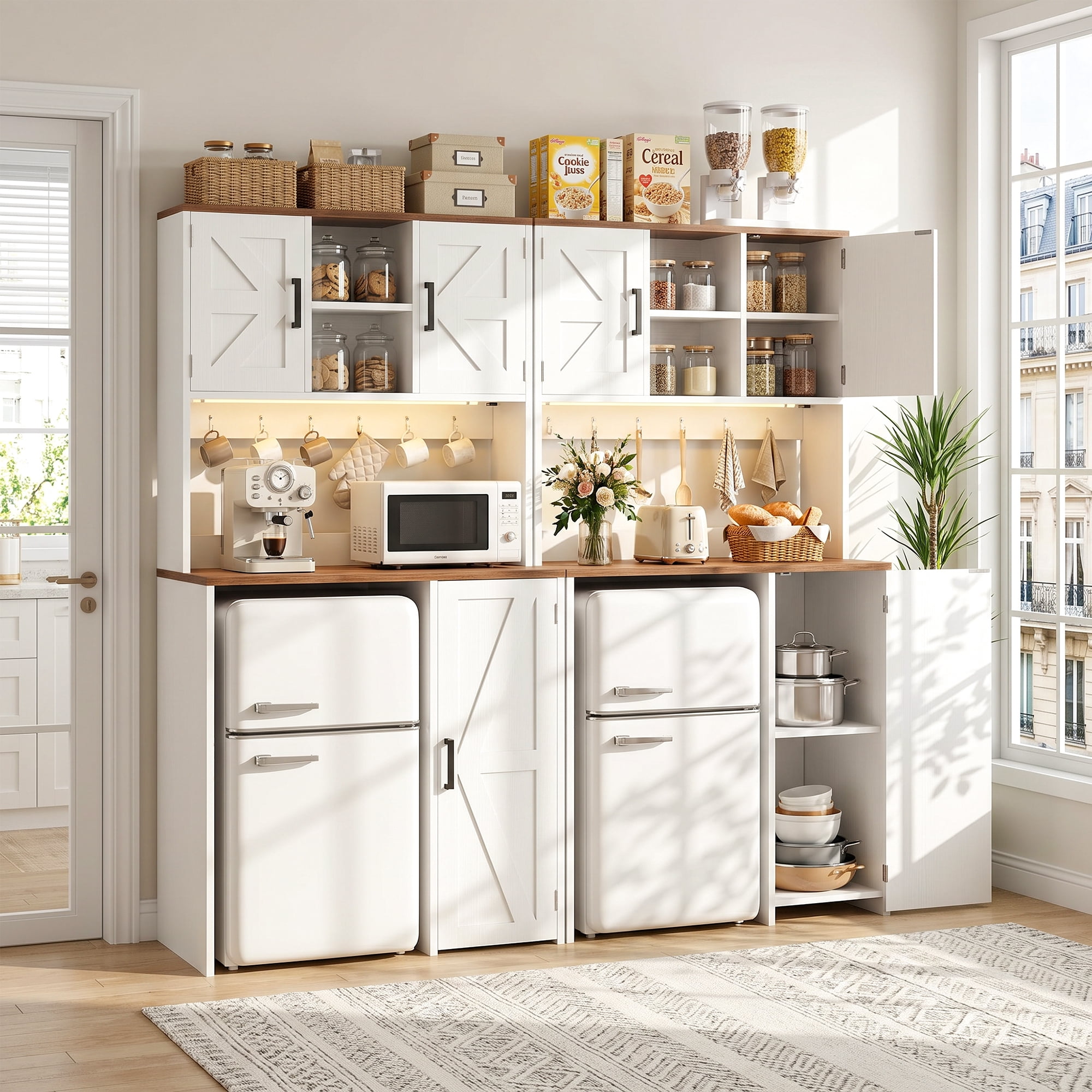 Homieasy 2-Piece Beverage Station Set - Mini Fridge Cabinet & Coffee Bar with Charging Hub, LED Light, Microwave Shelf & Wine Storage, Perfect for Kitchen, Dorm & Office,White