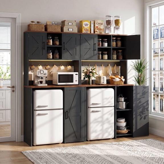 Homieasy 2-Piece Beverage Station Set - Mini Fridge Cabinet & Coffee Bar with Charging Hub, LED Light, Microwave Shelf & Wine Storage, Perfect for Kitchen, Dorm & Office,Black