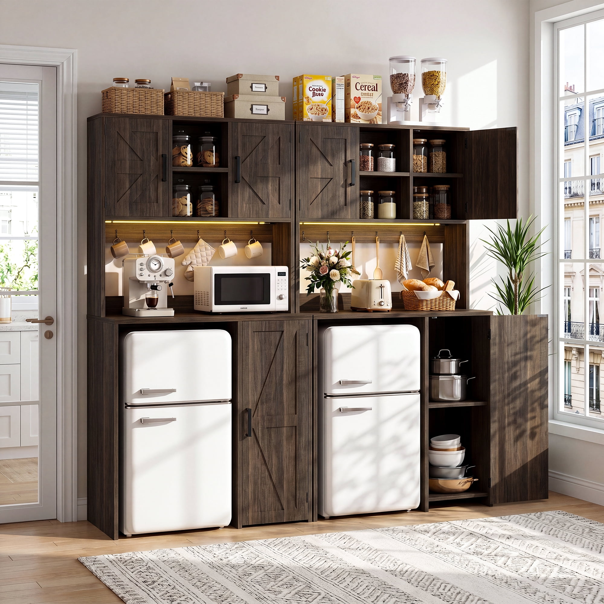 Homieasy 2-Piece Beverage Station Set - Mini Fridge Cabinet & Coffee Bar with Charging Hub, LED Light, Microwave Shelf & Wine Storage, Perfect for Kitchen, Dorm & Office,Brown