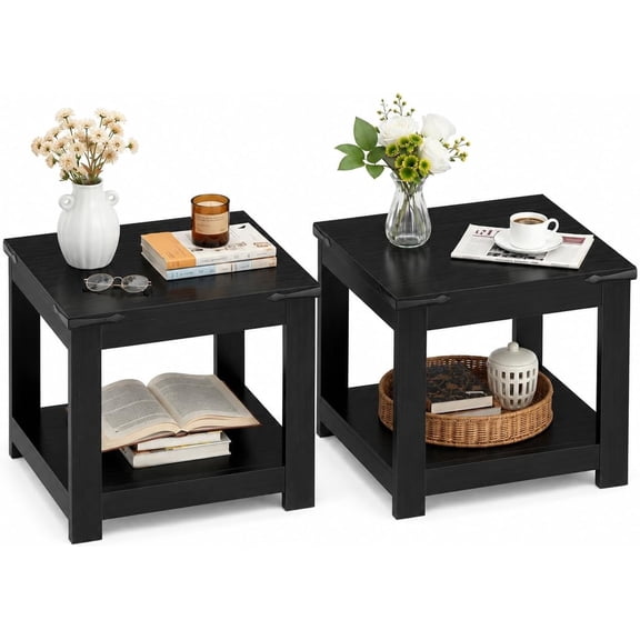 Homieasy 2-Piece Farmhouse Square End Table Set - 20"x20" Large Side Tables with Metal Corner Accents, 132 lbs Weight Capacity,Black