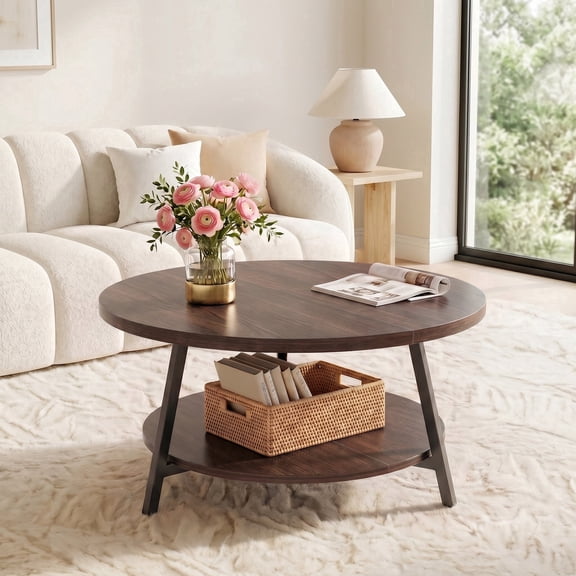 Homieasy 29.5'' 2-Tier Round Coffee Table, 35.4'' High, Walnut