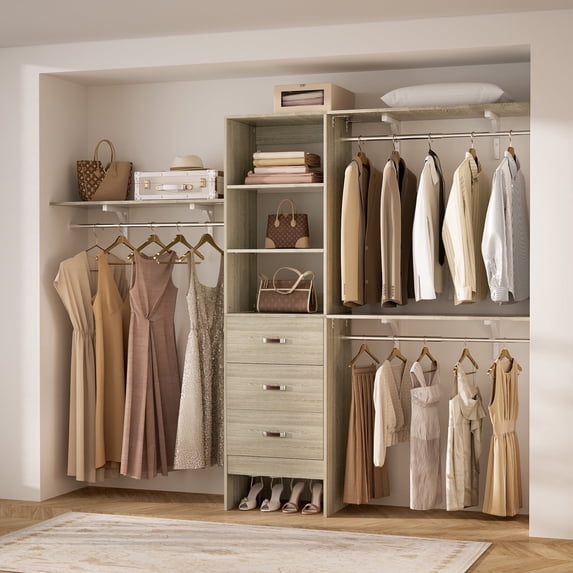 Homieasy 20.2'' - 96'' W Closet System with Wooden Drawers and Hanging Rods(cut To Fit), White Oak