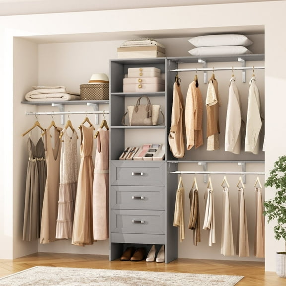 Homieasy 20'' - 96'' W Closet Organizer System With Wooden Drawers, Gray