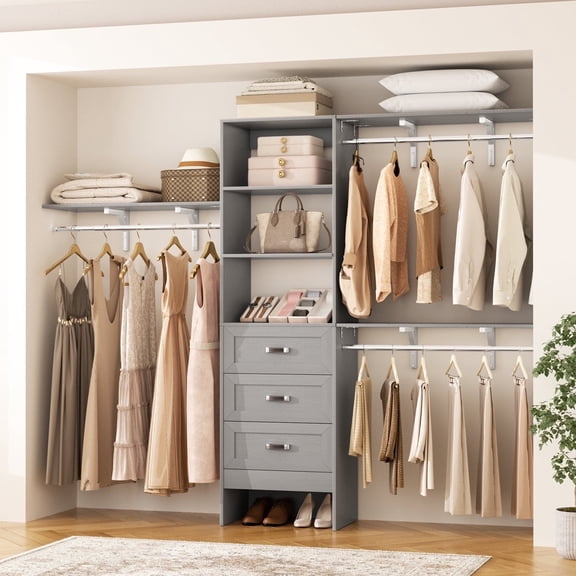 Homieasy 20'' - 96'' W Closet System with Wooden Drawers and Hanging Rods(Cut to Fit), Gray