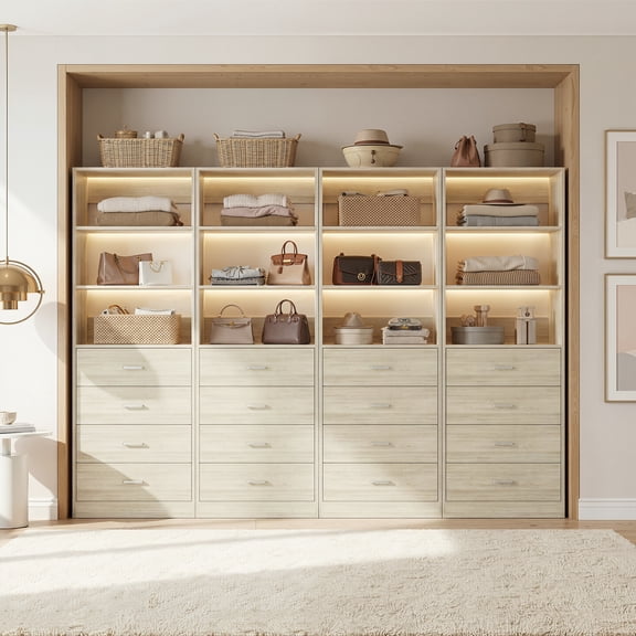 Homieasy 7.1 FT Freestanding Closet System 4-Piece Set, 85.2'' Closet Organizer System with 16 Drawers & 13 Shelves for Walk-in Closet, Bedroom, White Oak