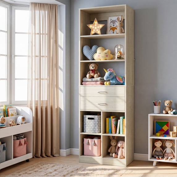 Homieasy 22" Floor-Standing Closet System, Multi-Tiered Wardrobe Storage Unit with Adjustable Shelves & Smooth-Glide Drawers, White Oak