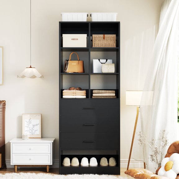 Homieasy 23.6" Freestanding Closet System with 3 Drawers, 6 Cube Storage & Shoe Rack, Modular Closet Organizer for Small Space, Black