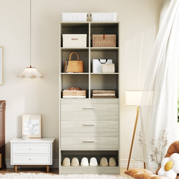 Homieasy 23.6" Freestanding Closet System with 3 Drawers, 6 Cube Storage & Shoe Rack, Modular Closet Organizer for Small Space, White Oak