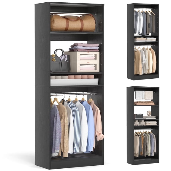 Homieasy 25” Closet System, Freestanding Closet Organizer Wardrobe with Hanging Rods and Shelves, Adjustable Clothes Garment Rack, Sturdy Walk in Closet Tower, Black
