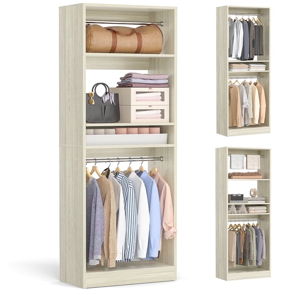 Homieasy 25'' Closet System, Freestanding Closet Organizer Wardrobe with Hanging Rods and Shelves, Adjustable Clothes Garment Rack, Sturdy Walk in Closet Tower, White Oak