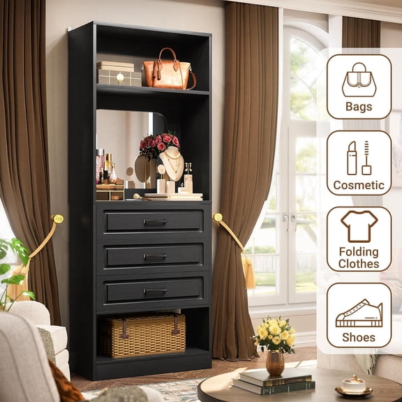 Homieasy 23.6'' Freestanding Walk-in Closet Organizer and Storage System with 3 Drawers and Mirror, Black