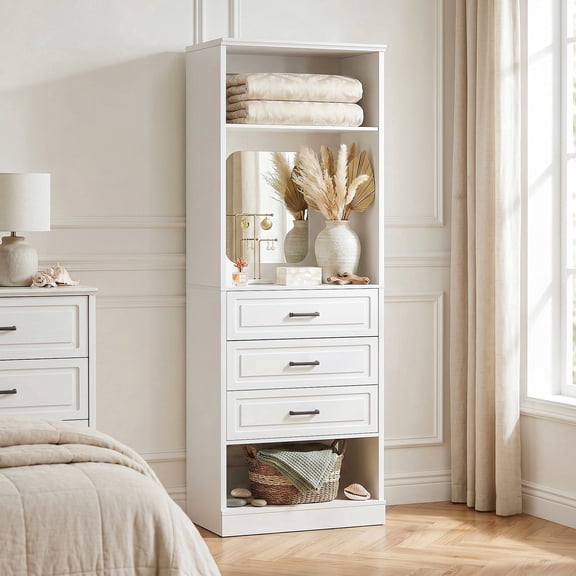 Homieasy 25'' Upgraded Style Closet Organizer with 3 Drawers, Walk-in Closet System with Mirror and Shelves, White