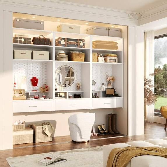 Homieasy 25″Wall-Mounted Closet System with Magnetic Pegboard & Drawers ,Space-Saving Vanity Storage Organizer with Shelves for Bedroom, Entryway, Mudroom,White