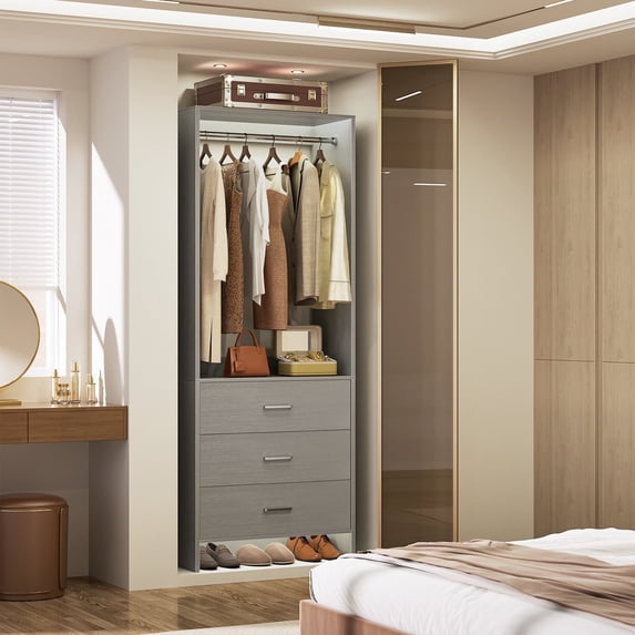 Homieasy 2FT Closet System with 3 Drawers, 24’’ Closet Organizer, Wood Closet Organizer System, Walk-in Closet or Small Closets Wardrobe, Clothes Rack with Hanging Rods, Gray