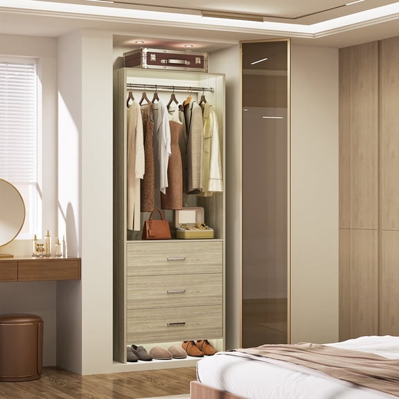 Homieasy 2FT Closet System with 3 Drawers, 24’’ Closet Organizer, Wood Closet Organizer System, Walk-in Closet or Small Closets Wardrobe, Clothes Rack with Hanging Rods, White Oak