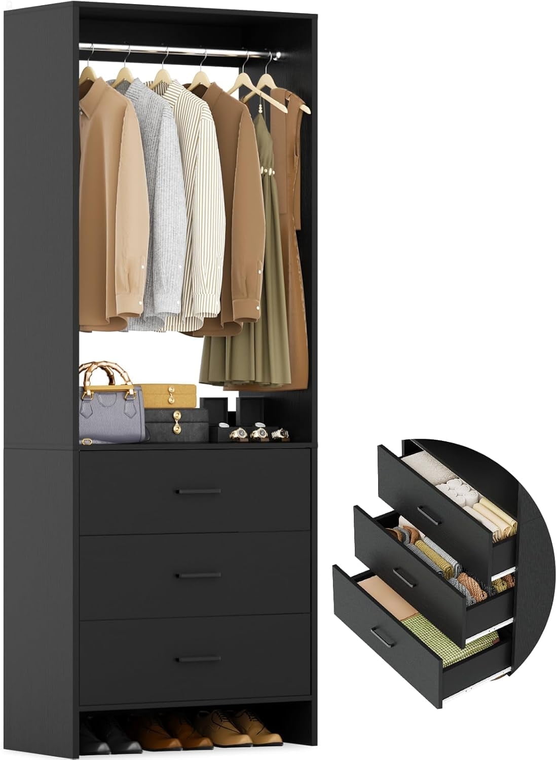 Homieasy 2FT Closet System with 3 Drawers, 24’’ Closet Organizer, Wood ...