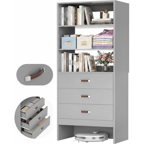 Homieasy 2FT Closet System with Leather Handles, 24" Walk-in Closets Storage Unit with Cabinet, Gray