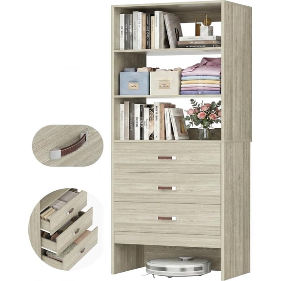 Homieasy 2FT Closet System with Leather Handles, 24" Walk-in Closets Storage Unit with Cabinet, White Oak