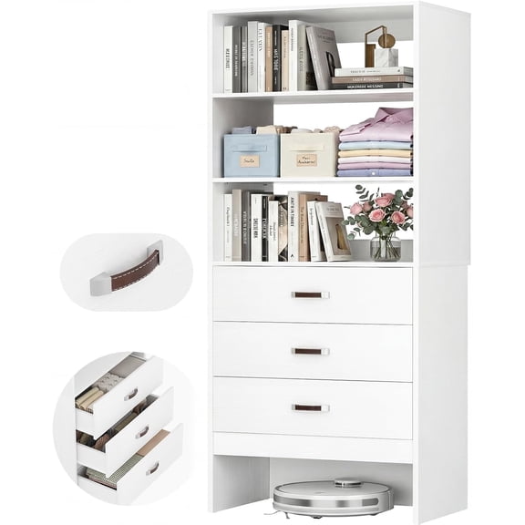 Homieasy 2FT Closet System with Leather Handles, 24" Walk-in Closets Storage Unit with Cabinet, White