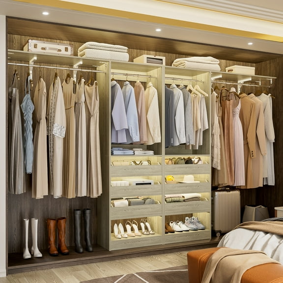 Homieasy 3.5-10 Ft Adjustable Closet Organizer System Set of 2, Heavy Duty Walk-in Closet System with 6 Drawers, 4 Hanging Rods & 2 Shelf Towers, Reversible, Easy Assembly, Whtie Oak