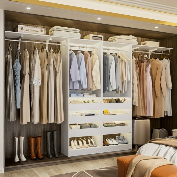 Homieasy 3.5-10 Ft Adjustable Closet Organizer System Set of 2, Heavy Duty Walk-in Closet System with 6 Drawers, 4 Hanging Rods & 2 Shelf Towers, Reversible, Easy Assembly, Whtie