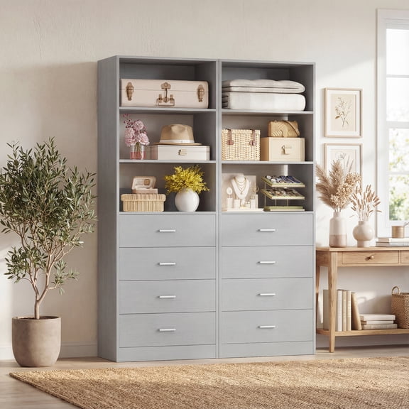 Homieasy 3.55FT Closet Organizer System with 8 Wood Drawers and 6 Shelves, Modular Walk-in Closets Storage Unit for Walk-in Closet, Bedroom, Gray(2 Packs)