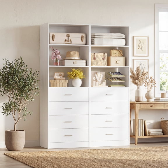 Homieasy 3.55FT Closet Organizer System with 8 Wood Drawers and 6 Shelves, Modular Walk-in Closets Storage Unit for Walk-in Closet, Bedroom, White(2 Packs)