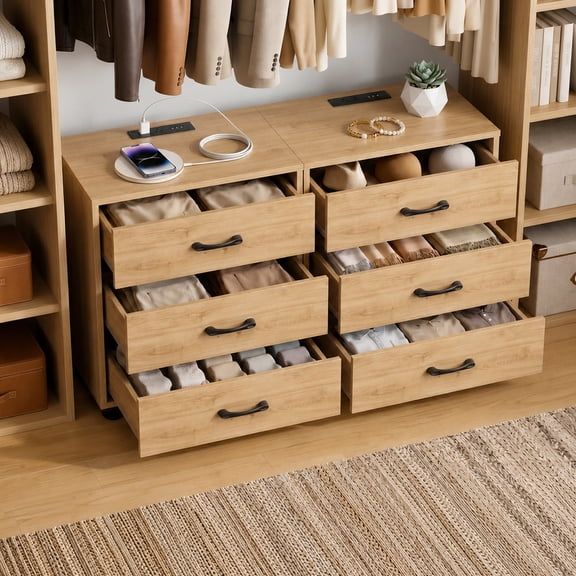 Homieasy 3 Drawer Dresser Set of 2 with Charging Station for Bedroom, Living Room, Nature Oak
