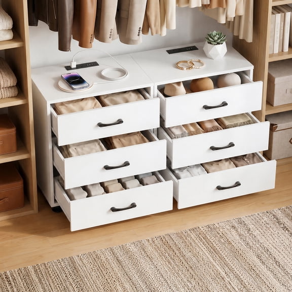 Homieasy 3 Drawer Dresser Set of 2 with Charging Station for Bedroom, Living Room, White