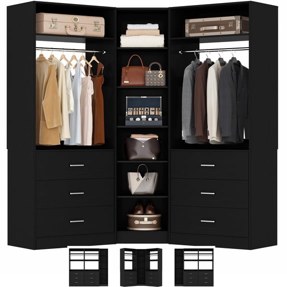 Homieasy 3-Piece Closet Organizer System with 6 Drawers & 10 Shelves, 1500LBS Heavy Duty L-Shaped/I-Shaped Walk-In Closet Storage for Bedroom, Entryway & More,Black