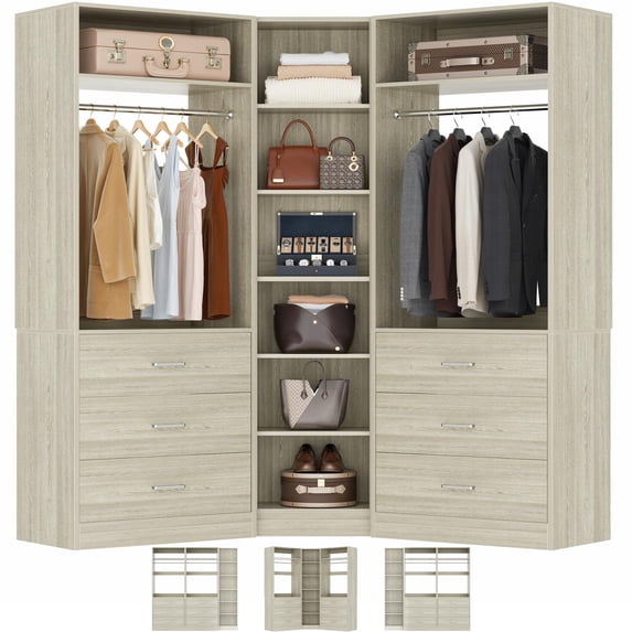 Homieasy 3-Piece Closet Organizer System with 6 Drawers & 10 Shelves, 1500LBS Heavy Duty L-Shaped/I-Shaped Walk-In Closet Storage for Bedroom, Entryway & More,White Oak