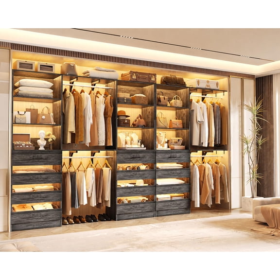 Homieasy 3-Piece L-Shaped Walk-in Closet Organizer System, 138.5" Wood Closet Tower with 12 Drawers & 4 Expandable Hanging Rods, Customizable Wardrobe Storage Set for Bedroom, Apartment,Gray Oak