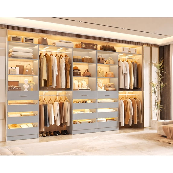 Homieasy 3-Piece L-Shaped Walk-in Closet Organizer System, 138.5" Wood Closet Tower with 12 Drawers & 4 Expandable Hanging Rods, Customizable Wardrobe Storage Set for Bedroom, Apartment,Gray