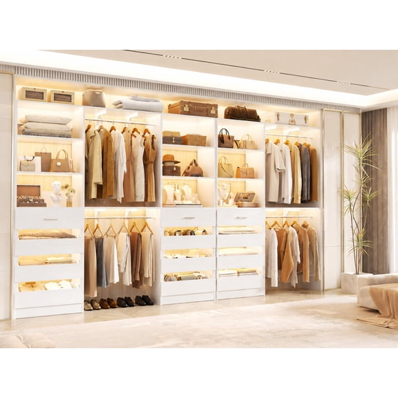 Homieasy 3-Piece L-Shaped Walk-in Closet Organizer System, 138.5" Wood Closet Tower with 12 Drawers & 4 Expandable Hanging Rods, Customizable Wardrobe Storage Set for Bedroom, Apartment,White
