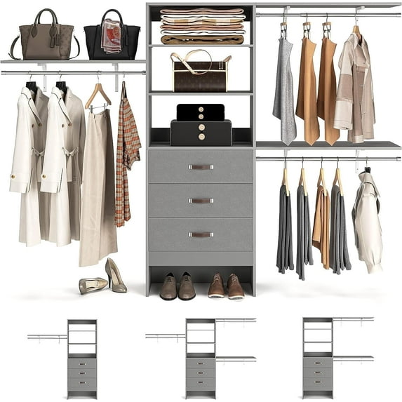 Homieasy 96 Inches Closet System, 8FT Walk In Closet Organizer with 3 Shelving Towers, Heavy Duty Clothes Rack with 3 Drawers, Built-In Garment Rack, 96" L x 16" W x 75" H, Gray