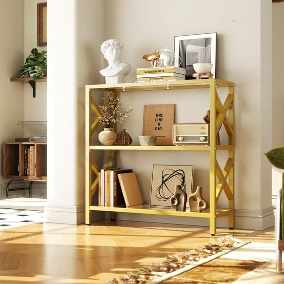 Homieasy 3 Tier Bookshelf with Tempered Glass Shelf and LED Light for Collectibles, Gold