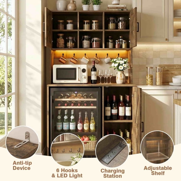 Homieasy 3-in-1 Mini Fridge Cabinet & Coffee Bar Station - with Power Outlet, LED Light, Microwave Shelf & Wine Storage, Perfect Beverage Bar for Kitchen, Dorm & Office,Brown