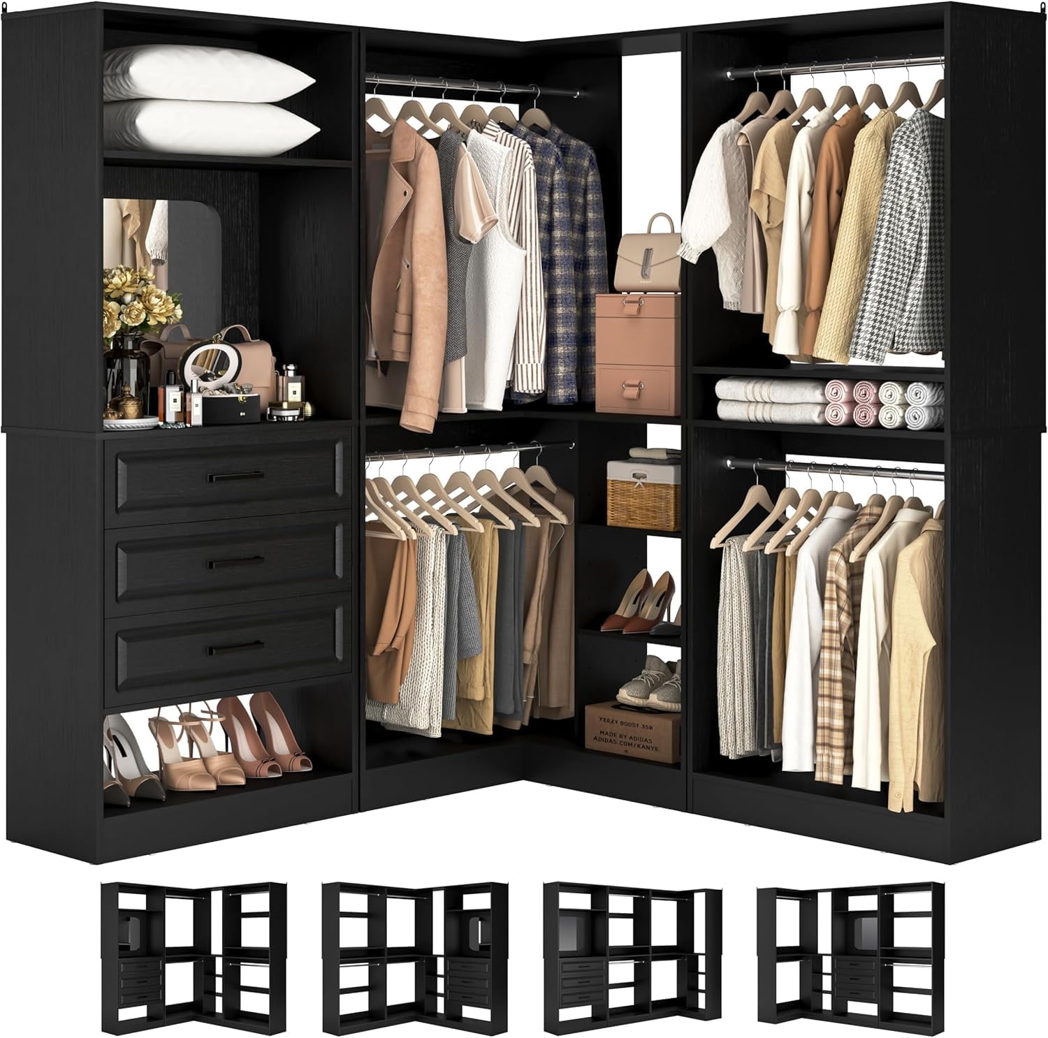 Homieasy 31-81" Expendable Closet System, Heavy Duty L-Shaped Closet Organizers with 3 Drawers, 4 Hanging Rods, Mirror, and Corner Tower for Closet, Bedroom, Apartment