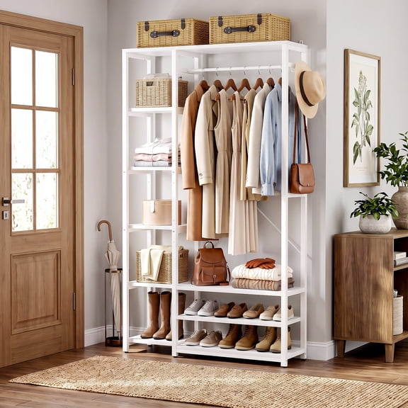 Homieasy 35.4" Closet Organizer System, Garment Rack with Haning Rod, 9 Storage Shelves & 2 Hooks, White