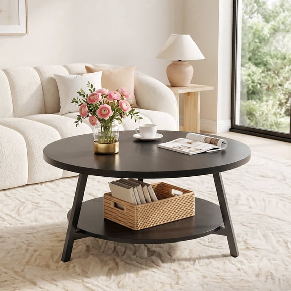 Homieasy 35.4'' Round Coffee Table, Modern 2-Tier Coffee Table for Living Room, 35.4'' High, Black