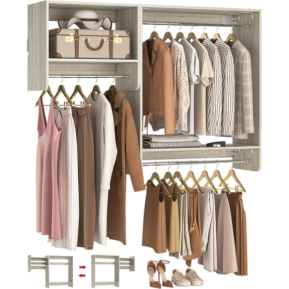 Homieasy 60” Closet System, 5FT Walk in Wood Clothing Rack with 3 Hanging Rods and 2 Shelves, Cut Be Cut to Fit, White Oak