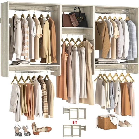 Homieasy 36" - 96" Wall Closet System with 5 Hanging Rods, Wall Mounted Clothes Hanging Rack for Organization, Heavy Duty Closet with 3 Open Storage Shelves, Cut to Fit, Max Load 1200 LBS, White Oak