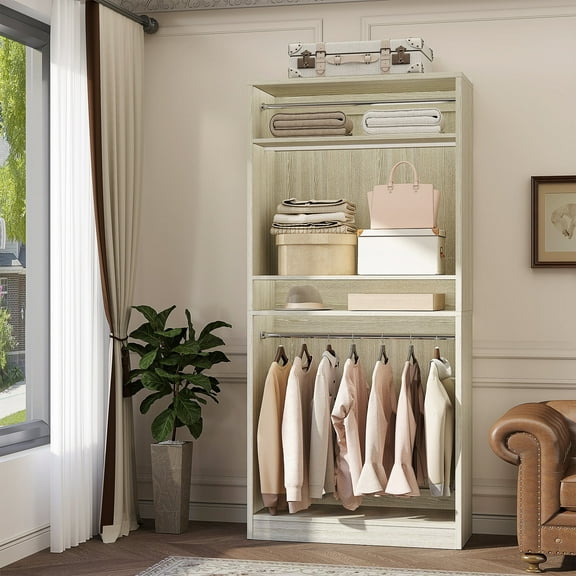 Homieasy 36" Freestanding Closet System with 2 Hanging Rods & Adjustable Shelves, 3FT Walk-in Closet Tower, Sturdy Clothing Hanging Organizer System for Bedroom & Closet, 800 LBS Hold, White Oak