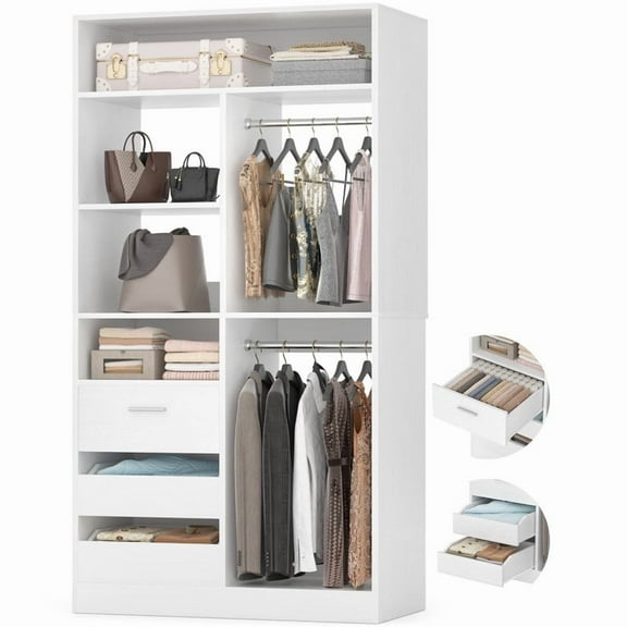 Homieasy 36'' Freestanding Closet System with Drawers, Walk-in Closet Organizer with Hanging Rods & Storage Shelves, Heavy Duty Closet Tower for Bedroom & Closet, 80''H x 16''W, White
