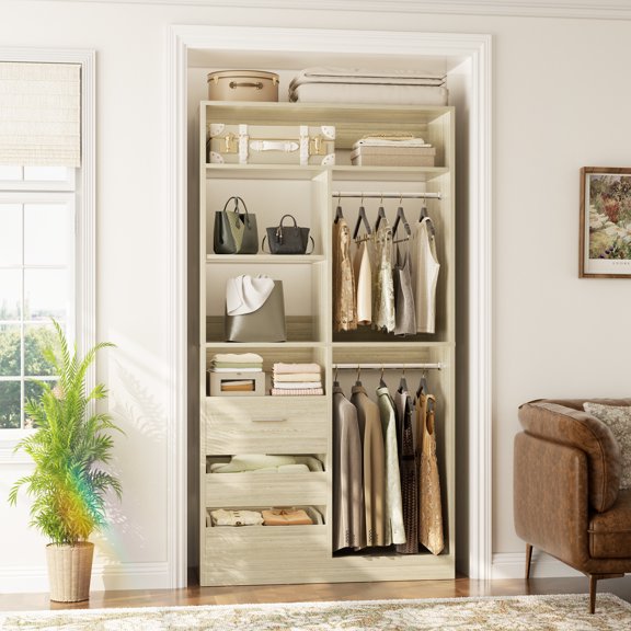 Homieasy 36'' Freestanding Closet System with Drawers, Walk-in Closet Organizer with Hanging Rods and Shelves, Heavy Duty Wardrobe System for Closet, Bedroom, White Oak