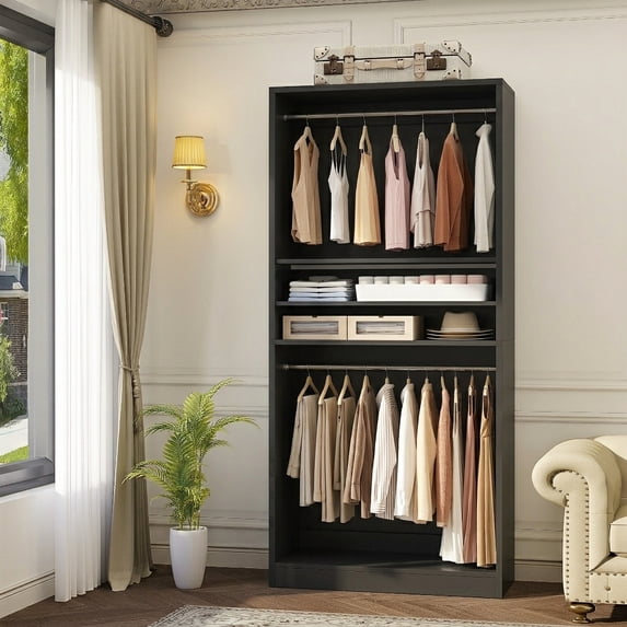 Homieasy 36'' Walk-in Closet Organizer System with 2 Hanging Rods and Adjustable Shelves, Black