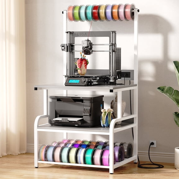 Homieasy 3D Printer Stand with Power Outlet, Rolling Printer Stand with Filament Storage, 3-Tier Printer Cart for Office, Workshop, Home, Or Garage, Gray