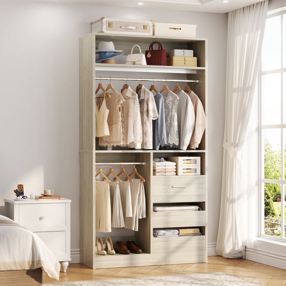 Homieasy 3FT Walk-in Closet System with 3 Drawers, 36'' Floor Standing Wardrobe Closet with 2 Hanging Rods & Storage Shelves, Heavy Duty Closet Tower for Bedroom & Closet, White Oak