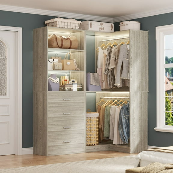 Homieasy 4.4FT Freestanding Closet System with 4 Drawers, Walk-in Closet Organizer System with Shelves & 2 Hanging Rods, Ideal Closet Storage & Organizers Unit, 52.8"W x 31.5"D, White Oak