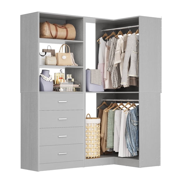 Homieasy 4.4FT Walk-in Corner Closet System with 4 Drawers, 2 Hanging Rods and Shelves, Gray
